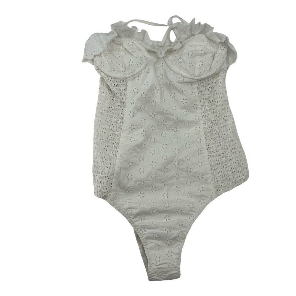 DOEN Women Swimsuit Eyelet Ruffle White Cotton Extra Small